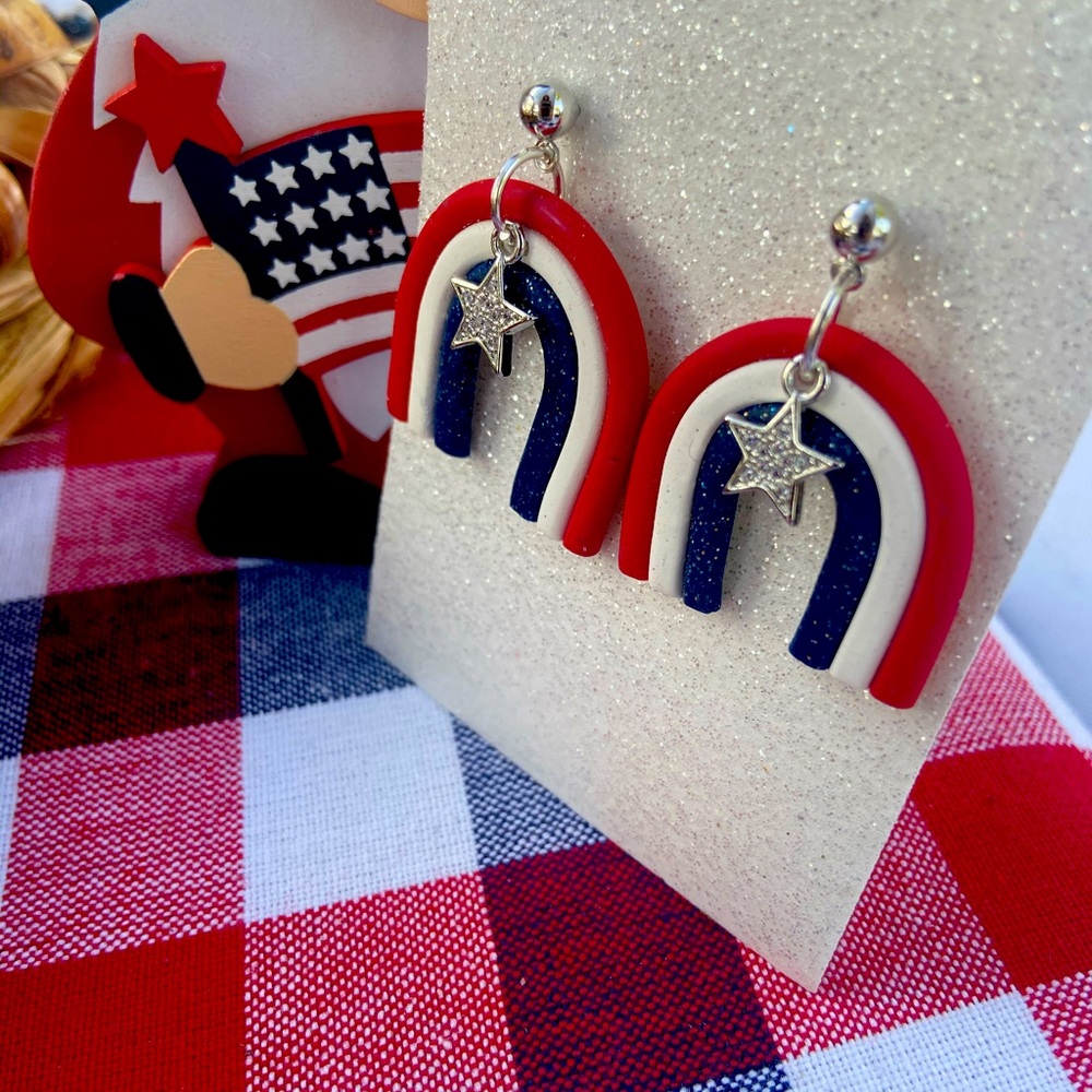 Polymer clay patriotic red white and blue rainbow earrings with rhinestone star